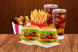 2 chicken burger+ fries+ chicken popcorn+ pepsi