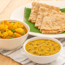 Aloo mutter, dal tadka & parathas