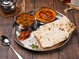 Chicken keema, dal tadka, rumali roti thali