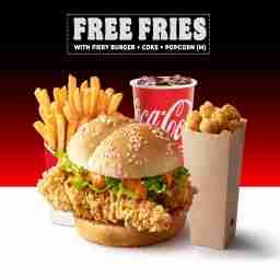 Fiery burger and popcorn meal + free fries