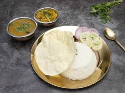 Dal with rice and aloo bhaja