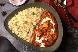 Paneer butter masala rice bowl + pickle + salad