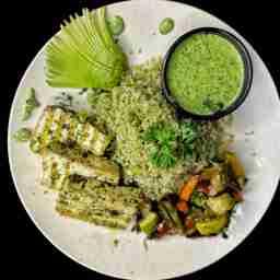 Delectable veggies with pesto rice