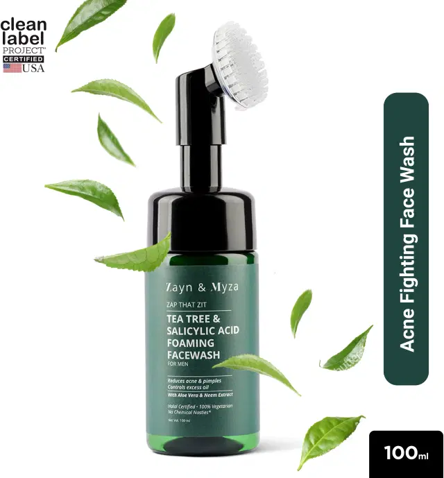 ZM Zayn & Myza Tea Tree & Salicylic Acid Foaming Face Wash For Men With Australian Tea Tree, Salicylic Acid, Holy Basil, Aloe Vera & Neem Extracts|Built-in Brush For Deep Cleansing|Anti Acne Face Wash For Oily Skin|For all Skin Types-100ML