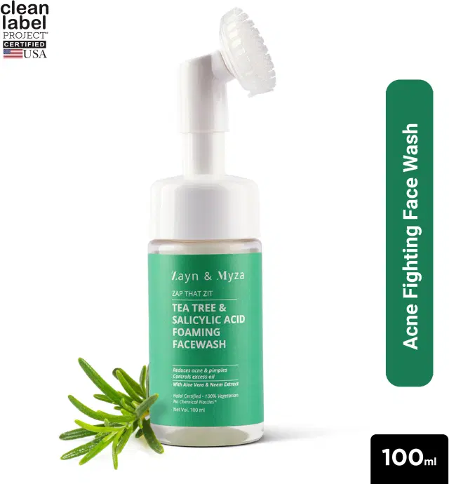 ZM Zayn & Myza Tea Tree & Salicylic Acid Foaming Face Wash | With Aloe Vera & Neem Extracts | Built-in Brush For Deep Cleansing | Anti Acne Face Wash For Oily Skin | Reduces Acne, Pimples | For all Skin Types - 100 ML