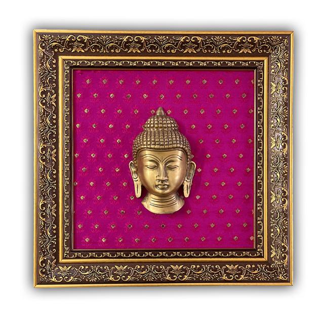 Brass Buddha face Statue  Framed in beautiful Banarasi Silk 12”