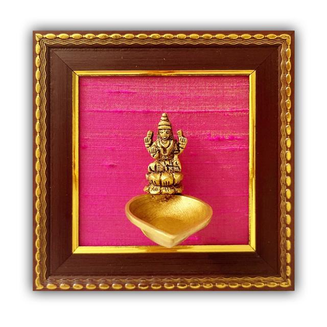 Brass Seated Goddess Lakshmi with Deepam Statue  Framed