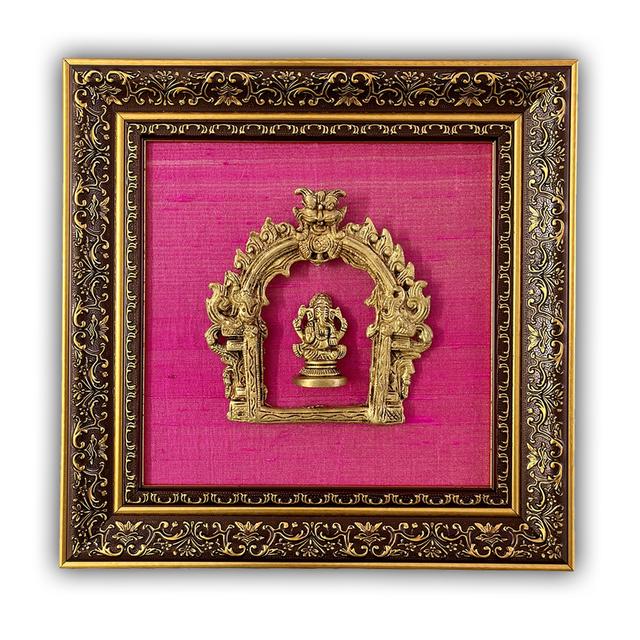Brass Seated Ganesh with Mahakala Arch Statue  Framed in beautiful Tissue Raw Silk