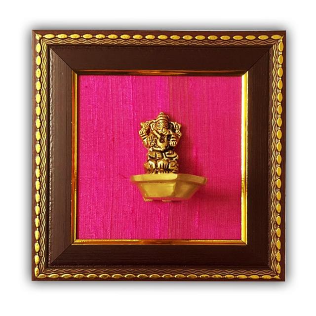 Brass Seated Ganesh with Deepam Statue Framed