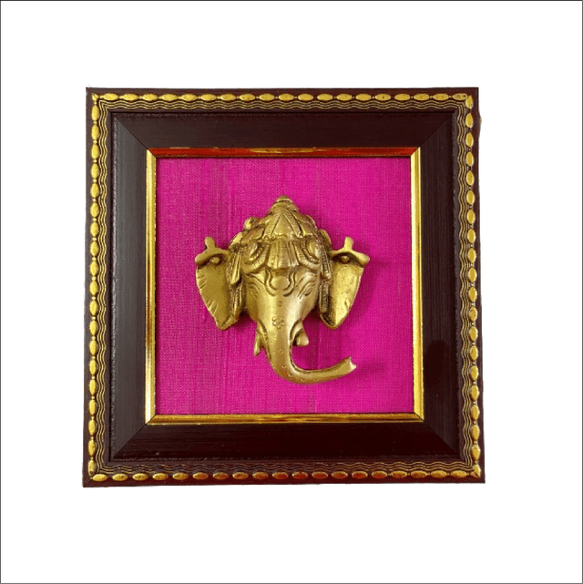 Brass Seated Ganesh with Deepam Statue, Framed in Raw Silk (6") -