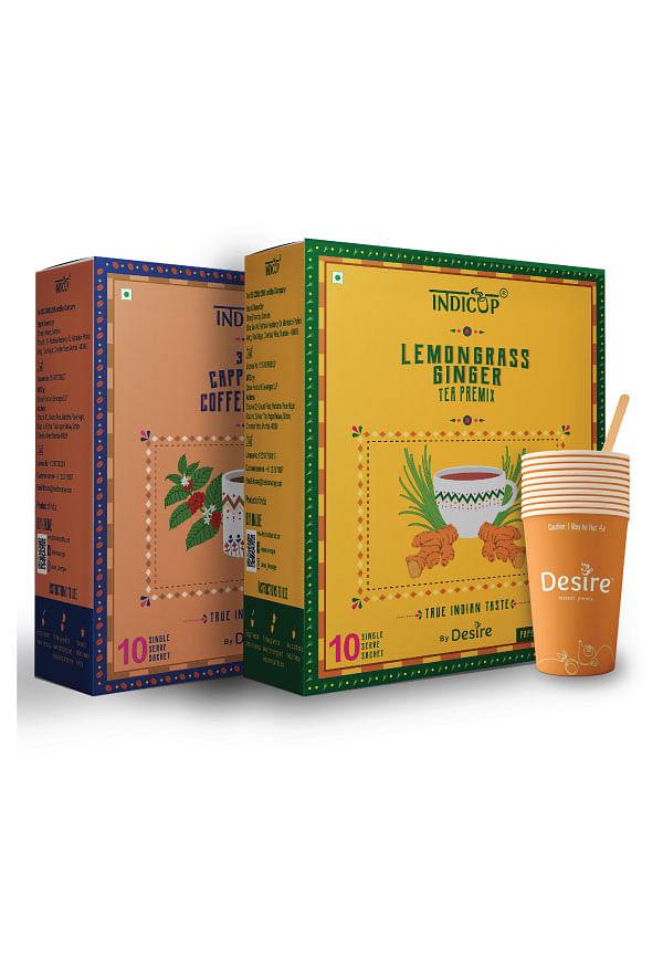 INDICUP Lemon Grass Ginger Tea & Coffee Combo, Pack of 2 - 10 Sachets