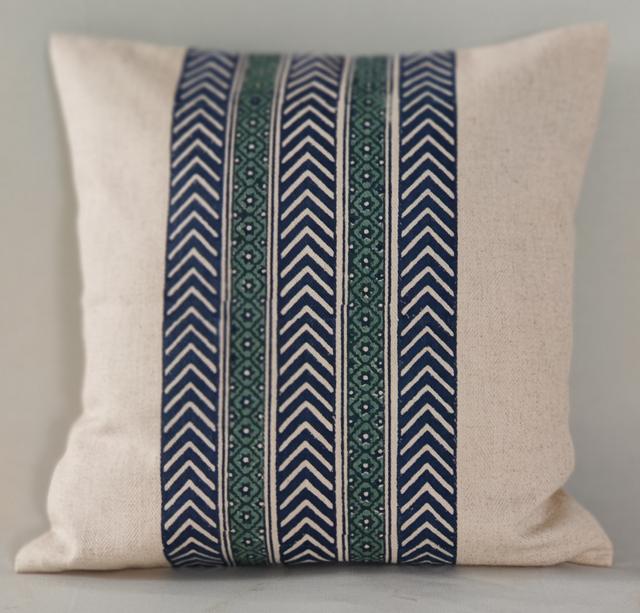 Cushion Covers _ Set of 2 Decorative Handmade Block Printed Blue and Green Cotton Herringbone_Geometric Design