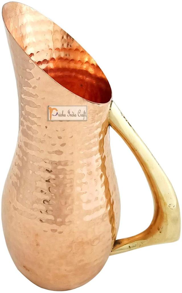 Prisha India Craft Pure Copper Jug Pitcher Mughlai Royal Hammered Design with Brass Handle Capacity 1200 ML 