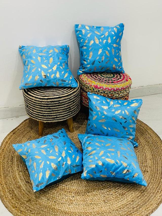 Pack of 5 Feather Printed Faux Fur Cushion Covers 16 x 16 Inch Sky Blue Color