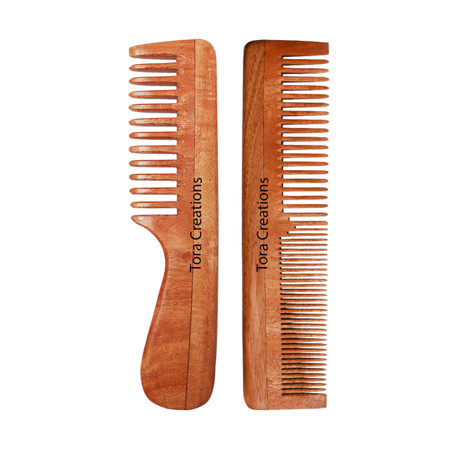 Neem Wood Comb Wide Tooth & Dual Tooth Comb Set Of 2