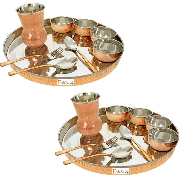 Prisha India Craft Dinnerware Copper Traditional Dinner Set of Thali Plate Bowls  Fork  Glass Spoon and Serving Spoon Diameter 13 Inch - Diwali Gifts Items  Stainless Steel Copperware Thali Set