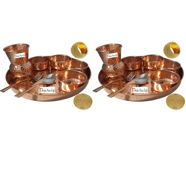 Prisha India Craft  Set of 2 Traditional Indian Dinnerware Pure Copper Dinner Set of Thali Plate  Bowl Spoon  Fork  Glass - Diameter 12 Inch 